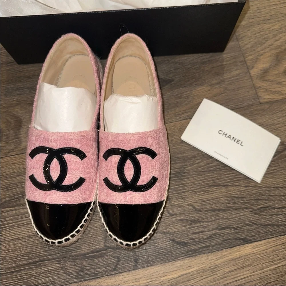 CHANEL Pink and Black Logo Espadrilles - Picture 8 of 11